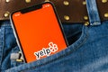 Yelp application icon on Apple iPhone X screen close-up in jeans pocket. Yelp app icon. Yelp.com application. Social network. Soci Royalty Free Stock Photo