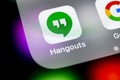 Google Hangouts application icon on Apple iPhone X smartphone screen close-up. Google hangouts app icon. Social network. Social me