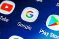 Google search application icon on Samsung Galaxy S9 smartphone screen close-up. Google app icon. Social network. Social media icon