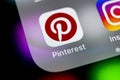 Pinterest application icon on Apple iPhone X smartphone screen. Pinterest app icon. Pinterest is the popular Internet social netw