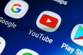 YouTube application icon on Samsung galaxy S9 smartphone screen close-up. Youtube app icon. Social media icon. Social network