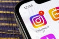 Instagram application icon on Apple iPhone X smartphone screen close-up. Instagram app icon. Social media icon. Social network Royalty Free Stock Photo