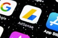 Google AdSense application icon on Apple iPhone X screen close-up. Google AdSense app icon. Google AdSense application. Social med Royalty Free Stock Photo