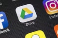 Google Drive application icon on Apple iPhone X screen close-up. Google drive icon. Google Drive file storage application. Social Royalty Free Stock Photo
