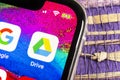 Google Drive application icon on Apple iPhone X screen close-up. Google drive icon. Google Drive application. Social media network Royalty Free Stock Photo