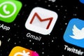 Google Gmail application icon on Apple iPhone X smartphone screen close-up. Gmail app icon. Gmail is popular Internet online e-ma