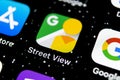 Google Street View application icon on Apple iPhone X screen close-up. Google StreetView app icon. Google Street view application. Royalty Free Stock Photo