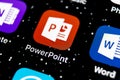 Microsoft office Powerpoint application icon on Apple iPhone X screen close-up. PowerPoint app icon. Microsoft Power Point applica