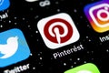 Pinterest application icon on Apple iPhone X smartphone screen. Pinterest app icon. Pinterest is the popular Internet social netwo