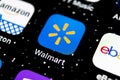 Walmart application icon on Apple iPhone X screen close-up. Walmart app icon. Walmart.com is multinational retailing corporation