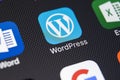 Wordpress application icon on Apple iPhone X screen close-up. Wordpress app icon. Wordpress.com application