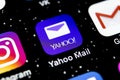 Yahoo Mail application icon on Apple iPhone X smartphone screen close-up. Yahoo mail app icon. Social network. Social media icon