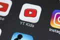 YouTube Kids application icon on Apple iPhone X screen close-up. Youtube Kids app icon. YouTube kids application. Social media net