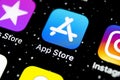 Apple store application icon on Apple iPhone X smartphone screen close-up. Mobile application icon of app store. Social network. A Royalty Free Stock Photo