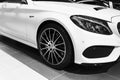 Front view of a Mercedes Benz C 43 AMG 4matic Bi-turbo 2018. Headlight system. Car exterior details. Black and white. Royalty Free Stock Photo