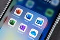 Microsoft office  applications icons on Apple iPhone 11 smartphone screen close-up. Apps word, excel, powerpoint, onedrive, ads, o Royalty Free Stock Photo