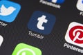 Tumblr plus application icon on Apple iPhone 8 smartphone screen close-up. Tumblr plus app icon. Tumblr is internet online social Royalty Free Stock Photo