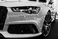 Front view of a blue modern luxury blue sport car Audi RS 6 Avant Quattro 2017. Car exterior details. Black and white. Royalty Free Stock Photo