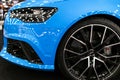 Front view of a blue modern luxury blue sport car Audi RS 6 Avant Quattro 2017. Car exterior details. Tyre an alloy wheel. Carbon Royalty Free Stock Photo