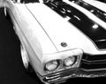 Front view of a great retro american muscle car Chevrolet Camaro SS. Car exterior details. Black and white. Royalty Free Stock Photo