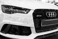Front view of a modern luxury blue sport car Audi RS 6 Avant Quattro 2017. Car exterior details. Black and white. Royalty Free Stock Photo