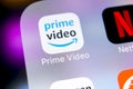 Amazon Prime Video application icon on Apple iPhone X screen close-up. Google Amazon PrimeVideo app icon. Google Amazon Prime appl