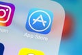 Apple store application icon on Apple iPhone X smartphone screen close-up. Mobile application icon of app store. Social network Royalty Free Stock Photo