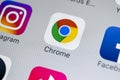 Google Chrome application icon on Apple iPhone X screen close-up. Google Chrome app icon. Google Chrome application. Social media