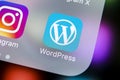 Wordpress application icon on Apple iPhone X screen close-up. Wordpress app icon. Wordpress.com application. Social network