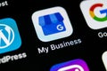 Google My Business application icon on Apple iPhone X screen close-up. Google My Business icon. Google My business application. So