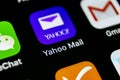 Yahoo Mail application icon on Apple iPhone X smartphone screen close-up. Yahoo mail app icon. Social network. Social media icon