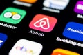 Airbnb application icon on Apple iPhone X screen close-up. Airbnb app icon. Airbnb.com is online website for booking rooms. social