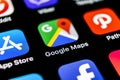 Google Maps application icon on Apple iPhone X screen close-up. Google Maps icon. Google maps application. Social media network Royalty Free Stock Photo