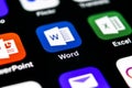 Microsoft Word application icon on Apple iPhone X screen close-up. Microsoft office word icon. Microsoft office on mobile phone. S