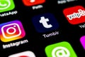 Tumblr application icon on Apple iPhone X smartphone screen close-up. Tumblr app icon. Tumblr is internet online social network Royalty Free Stock Photo