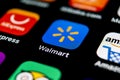 Walmart application icon on Apple iPhone X screen close-up. Walmart app icon. Walmart.com is multinational retailing corporation