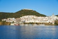 Sanlucar de Guadiana in Spain and Alcoutim in Portugal with sail boats on Guadiana river Royalty Free Stock Photo