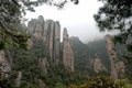 Sanqingshan Mountain in Jiangxi Province, China. Misty mountain scenery with rocky peaks on Mount Sanqing Royalty Free Stock Photo