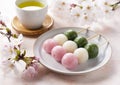 Sanshoku dango and green tea. An image of Japanese spring