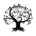 Sanskrit tree, logo. Devanagari letters grow on branches. The symbol of the language for wise people. The root elements are drawn