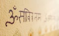 Sanskrit writing with om, aum, ohm symbol on the wall