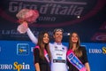 Sant Anna, Italy May 28, 2016; Bob Jungels, Etixx Quick Step Team, in white jersey on the podium after winning the classification