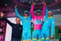 Sant Anna, Italy May 28, 2016; Some Riders of Astana team on the podium after winning the award for best team