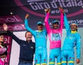 Sant Anna, Italy May 28, 2016; Some Riders of Astana team on the podium after winning the award for best team