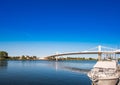 Sant Jaume d`Enveja new bridge `Lo Passador` over Ebro river Ebro Delta, Tarragona, Catalonia, Spain. Copy space for text. Royalty Free Stock Photo