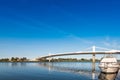Sant Jaume d`Enveja new bridge `Lo Passador` over Ebro river Ebro Delta, Tarragona, Catalonia, Spain. Copy space for text. Royalty Free Stock Photo
