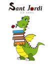 Sant Jordi traditional festival of Catalonia Spain. Dragon with a rose and a batch of books.