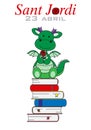 Sant Jordi traditional festival of Catalonia Spain. Dragon with a rose sitting on top of books.