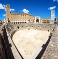 Panoramic view of the majestic Roman amphitheater of Lecce built during the augustan age I, II century a.C.. Puglia, Italy.