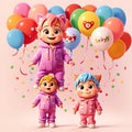 3D style AI-generated, three little kids having fun blowing balloons on Christmas day holiday.